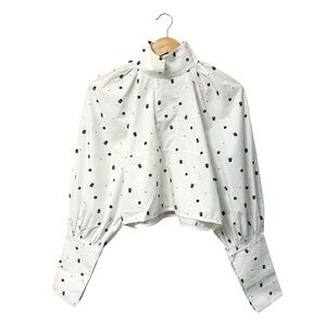 Ellery Puff Sleeve Blouse White Textured Dot Print High Neck Cropped, Size 6